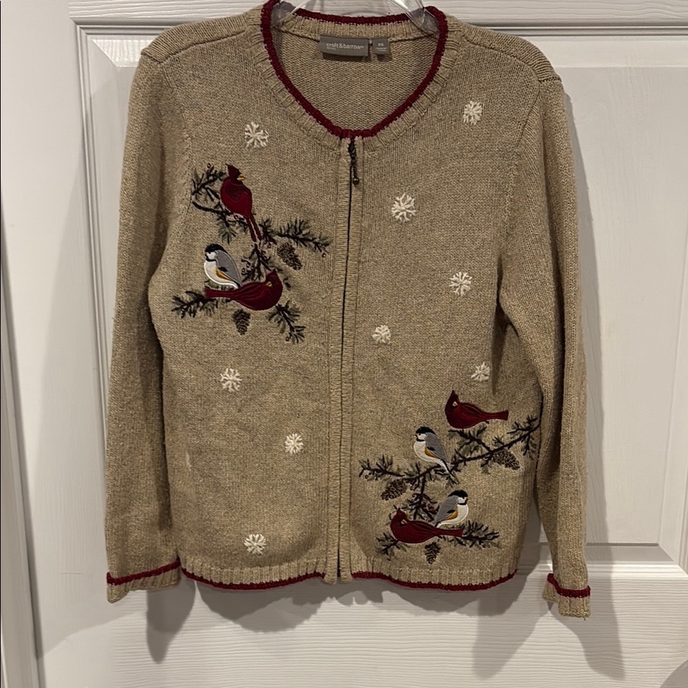 croft & barrow Beige Zip-Front Cardigan with Red Cardinal Embroidery